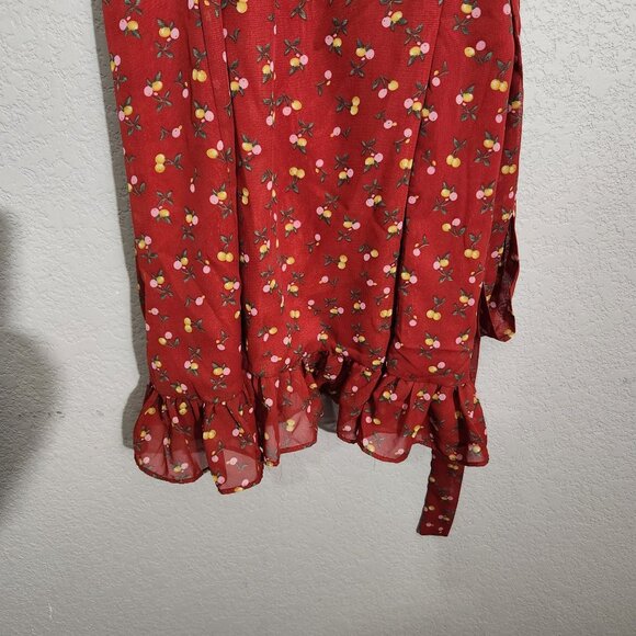Grace & Chili Dress Red Floral Wrap Ruffle Fairy Floralcore  Cherry Peach - Picture 5 of 12